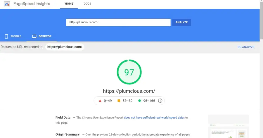 Pagespeed Insight Score (desktop)